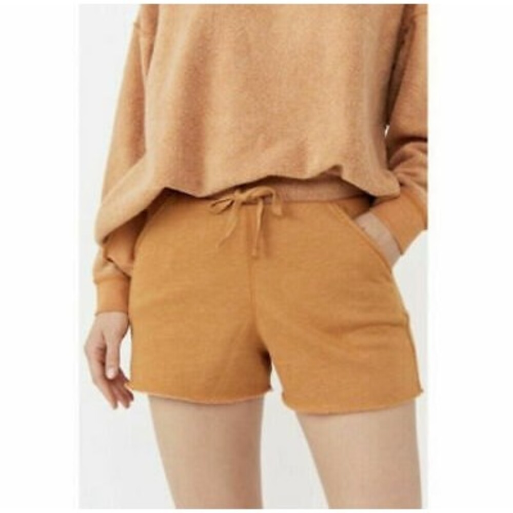 Free People Kelly Lounge Shorts Size M Stretch Fleece Pockets Cognac Gold NEW B2